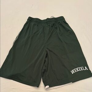 Alleson green and white Camp Wekeela logo athletic shorts